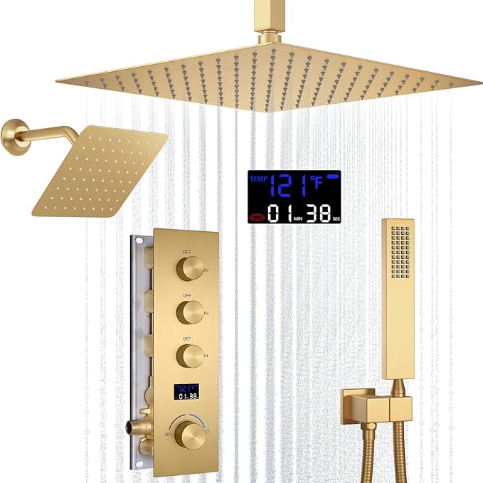 AYIVG Brushed Gold Thermostatic Rainfall Shower System 12 Inch And 8 Inch Dual Square Shower Head System Ceiling Mount Temperature Display Shower Faucet Set With Handled Spray