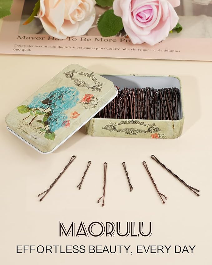 MAORULU Hair Bobby Pins with Cute Case, 250 CT Bobby Pins for Buns, Premium Hair Pins for Kids, Girls and Women, Great for All Hair Types (Variety Pack Brown)