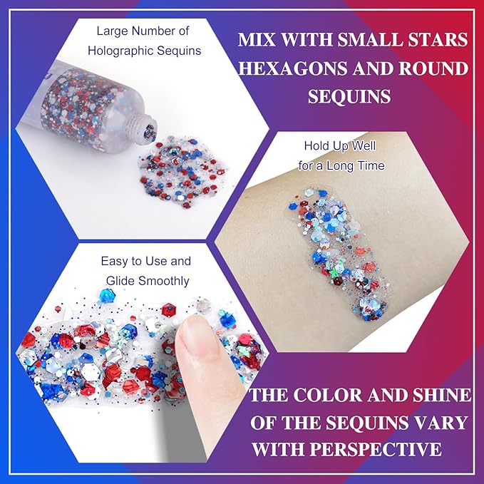 MEICOLY Red White and Blue Body Glitter,4th of July Patriotic Accessories Hair Glitter for Kids,4th of July Outfits for Women,Self-Adhesive Face Glitter for President's Day Veterans Day