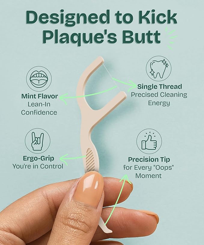 Dental Floss Picks (200pcs) - Flossers for Adults, Vegan Corn-Straw Handle, Superior Oral Care & Anti-Shred Thread, Dental Hygiene, Tooth Pick Sticks, Teeth & Gum Health (Mint, Single Thread)
