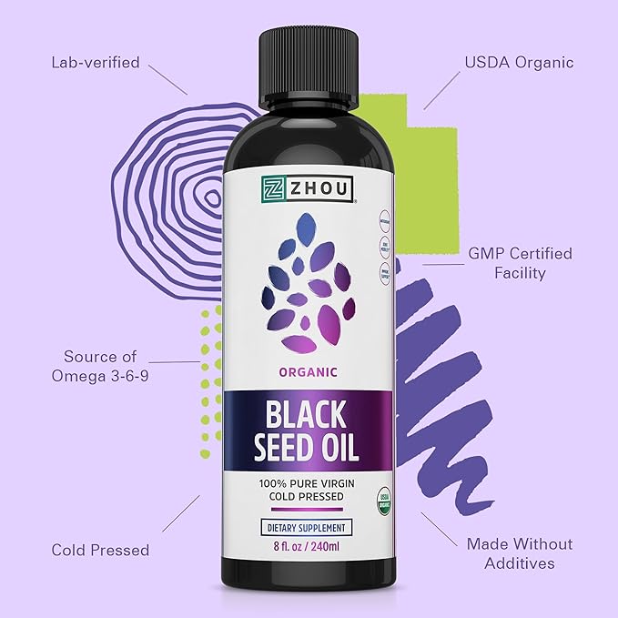 ZHOU Organic Black Seed Oil - Black Cumin Seed Oil Cold Pressed, Nigella Sativa, Pure Unrefined Blackseed Liquid, Premium Supplement for Health with Thymoquinone, Omega 3 6 9-8 Fl Oz (Pack of 2)
