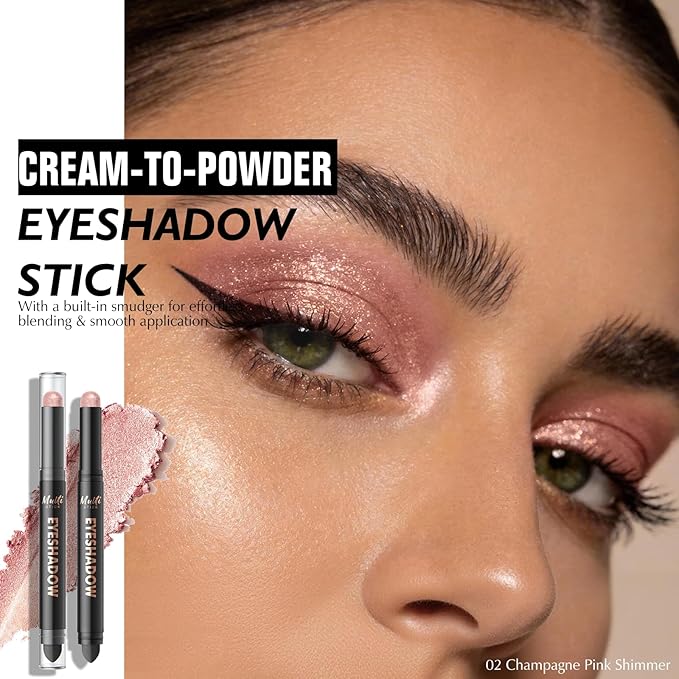 Dual-Ended Champagne Pink Eyeshadow Stick - Long-Lasting Cream Shimmer Eye Shadow Stick Crease-Proof Metallic Eyeshadow Pencil, Easily Blendable Multi-Use Eye Highlighter Makeup 02