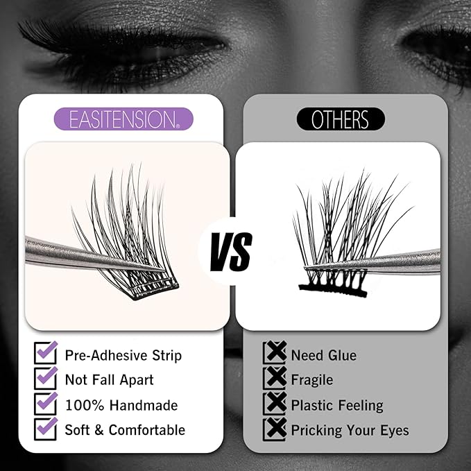 Self Adhesive Eyelashes Upgraded 156 PCS EASITENSION Clusters Kit Lash Clusters DIY Eyelashes Pre Glued Reusable No Glue Needed No Remover No residue, Black