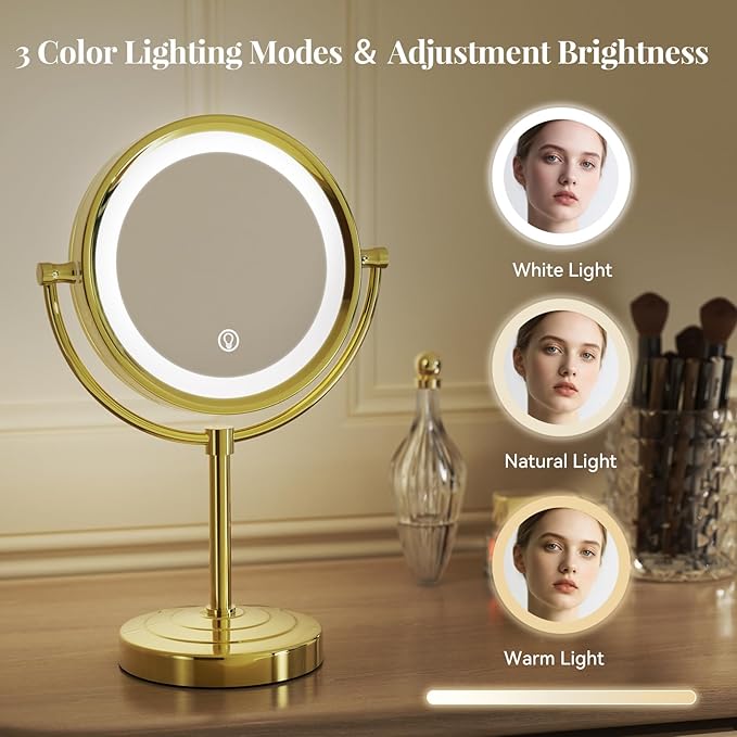 GURUN 8.5 Inch LED Lighted Tabletop Makeup Mirror with 10x Magnification Dimmable 3 Colors Touch Control 4500mAh Double Sided Gold Finish 2208D-T(10x, Gold)