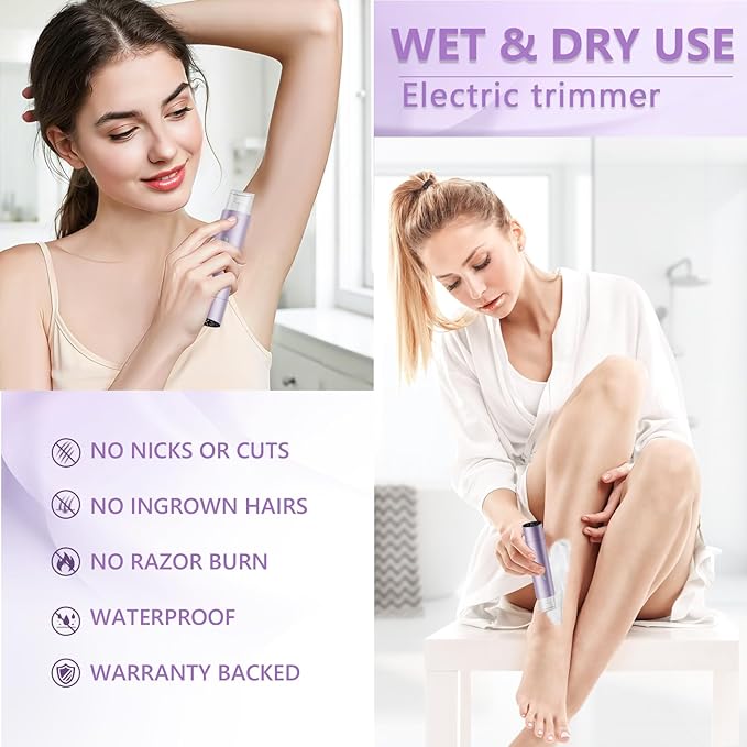 Bikini Trimmer for Women, 2 in 1 Electric Razors for Women Dual Head Body Hair Remover IPX8 Waterproof Painless,Rechargeable Shaver for Face Legs Underarms Pubic Hair,Purple