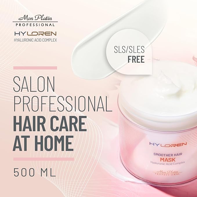 Mon Platin Professional Hair Mask for Damaged Hair & Straightened , 500ml - HYLoren Smoother with Hyaluronic Acid, Deep Conditioning Treatment, Anti-Frizz Conditioner