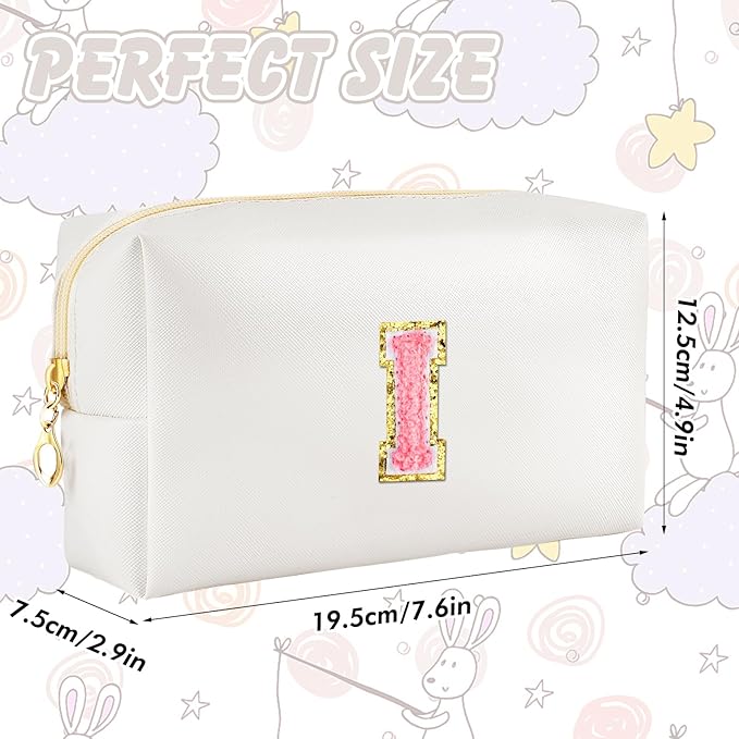 URSKYTOUS Initial Makeup Bag Personalized Preppy Travel Small Cosmetic Bag Cute PU White Chenille Letter Makeup Pouch for Purse Waterproof Zippered Toiletry Organizer for Women Girls Kids Friends (I)
