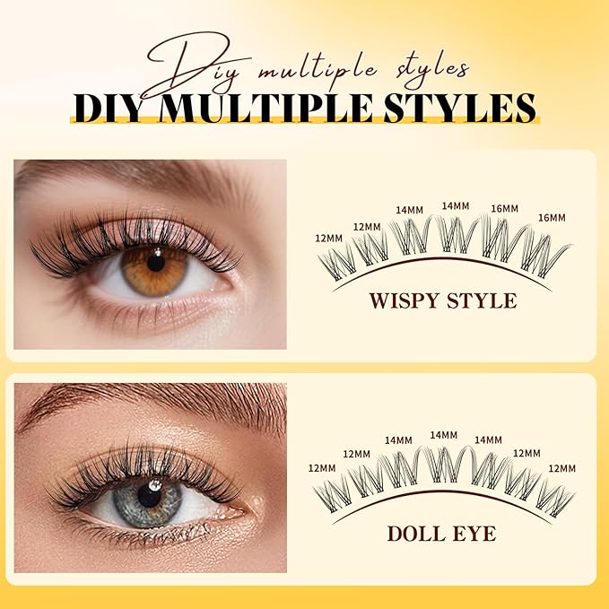 QUEWEL Lash-Clusters Kit,144pcs Wispy-Lash-Clusters Kit Mix10-18mm Wispy Natural Invisible Band Eyelash Clusters Kit for DIY Cluster Eyelash Extensions(Gem 4 Set)