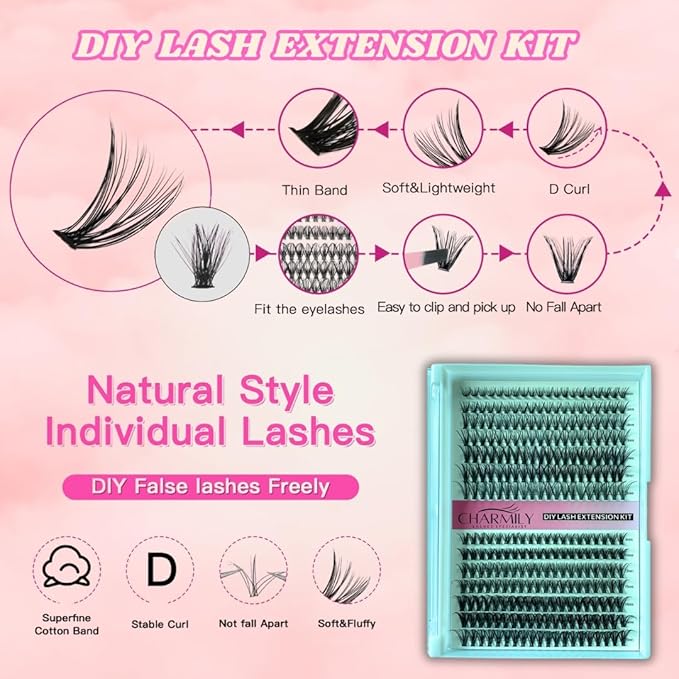 DIY Lash Clusters Kit 280pcs Volume Lashes Extensions 30D+40D Mix, 9-16mm D Curl Soft Eyelash Clusters With Glue Bond Seal Remover Tweezers, Thin band Lashes Clusters Kit Natural Look