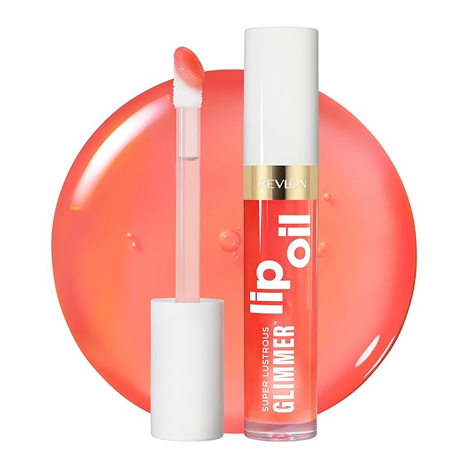 REVLON Super Lustrous Glimmer Lip Oil, Moisturizing & Tinted, Shiny Finish, Made with Plant-Based Squalane, 002 Miss Coral, 0.13 fl oz