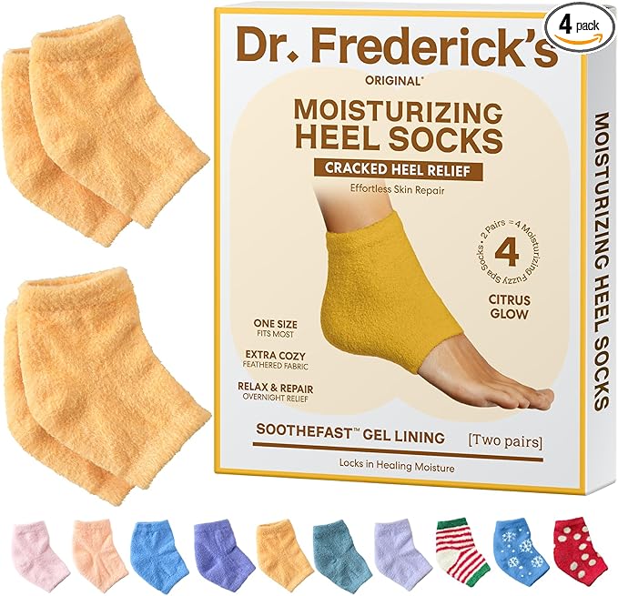 Dr. Frederick's Original Moisturizing Fuzzy Heel Socks for Dry Cracked Heels Treatment - Infused with Olive Oil, Jojoba Oil and Vitamin E - 2 Pairs - Stocking Stuffers for Adults - Citrus Glow