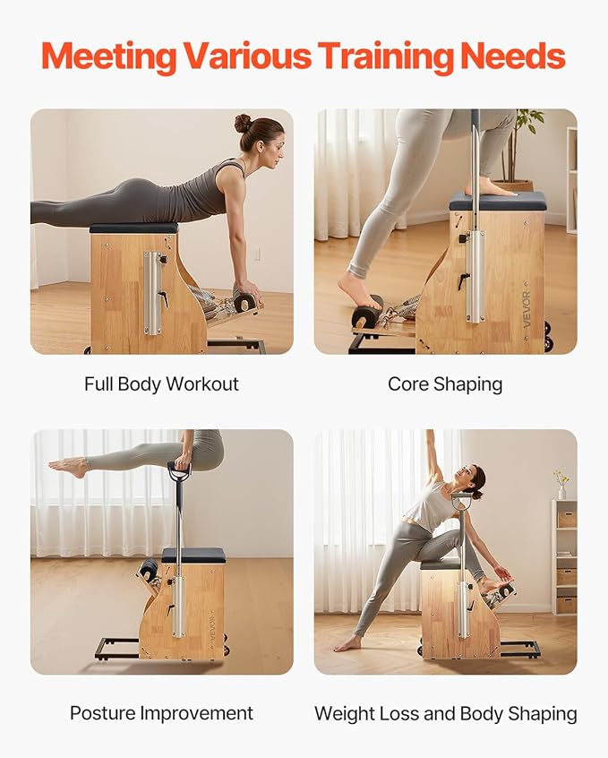 VEVOR Pilates Chair, Split-Pedal Stability Combo Chairs with Handles, Rubber Wood Frame Yoga Fitness Trainer, Exercise Reformer, Pilates Resistance-Workout Equipment, for Home Gym Studio Workout