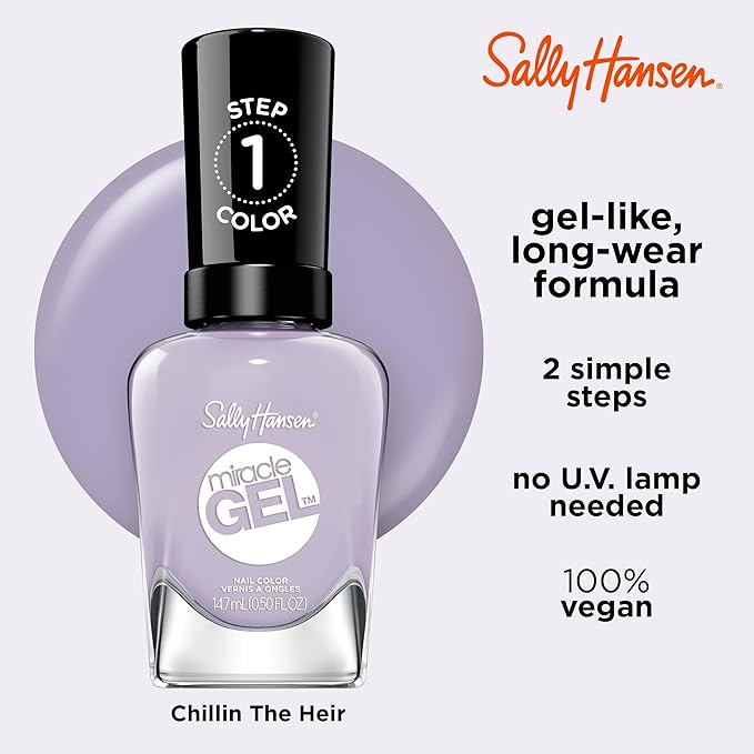 Sally Hansen Miracle Gel Salon Quality Nail Polish | Gel-Like Formula, Two-Step System, No UV Light Needed, Long Lasting | Opaque, Glossy | 608 Chill in the Heir | Light Purple Nail Color