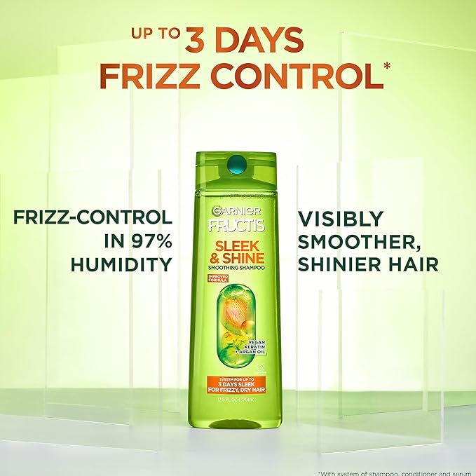 Garnier Fructis Sleek & Shine Shampoo, Conditioner + Leave-In Conditioer Set for Frizzy, Dry Hair, Plant Keratin + Argan Oil (3 Items), 1 Kit (Packaging May Vary)
