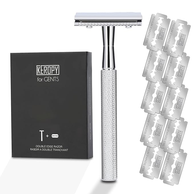 Single Blade Safety Razor With 10 Premium Stainless Steel Blades Double Edge Safety Razors For Men, Smooth Wet Shave Experience, Glossy Silver
