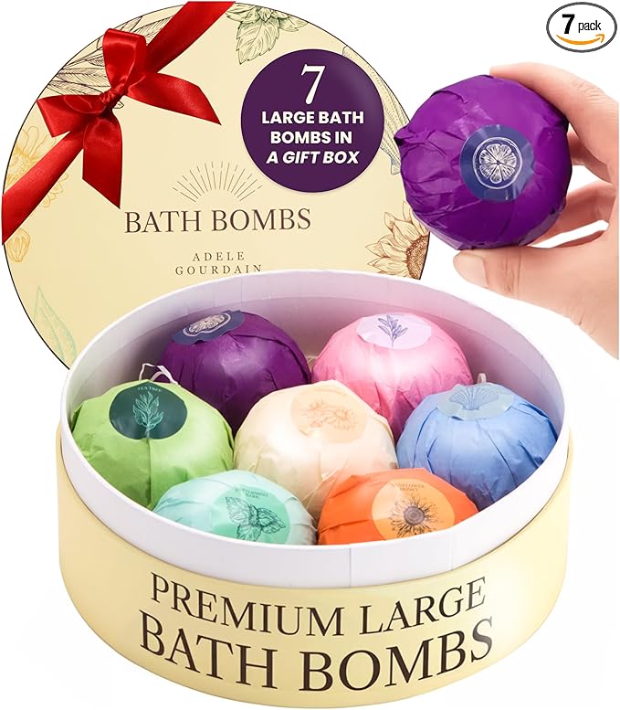 Bath Bombs Set 7 pcs - Gift Set for Women, 200g Extra Large Oversized, Mineral Bath Bombs for Sensitive Skin, Gift Set or Birthday or Mothers Day, Gift Box Valentine's Idea for Her