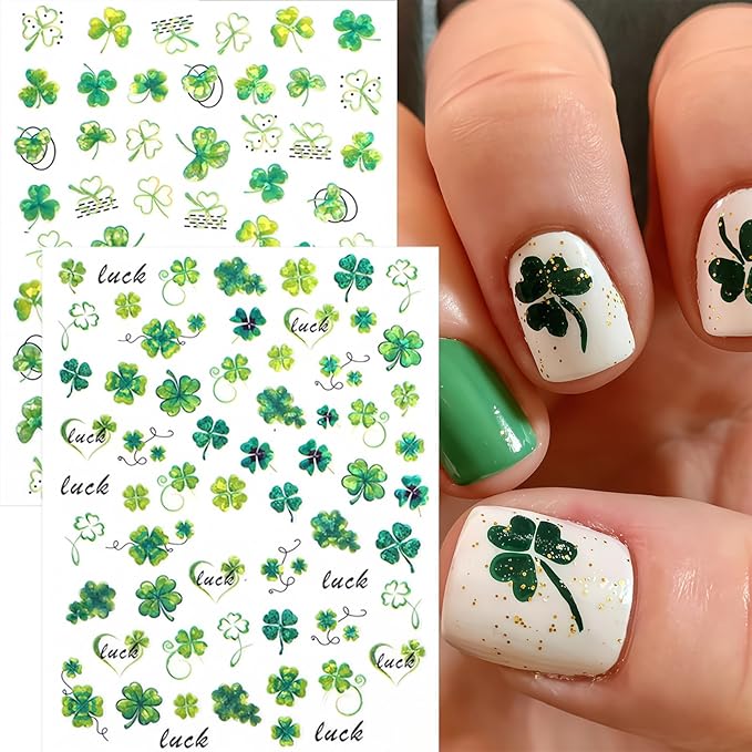 8Pcs St. Patrick's Day Nail Stickers Shamrocks Nail Art Stickers Irish Four Leaf Clover Nail Decals 3D Self-Adhesive Lucky Clover Nail Design St. Patrick's Day Nails Supplies for Women Manicure DIY