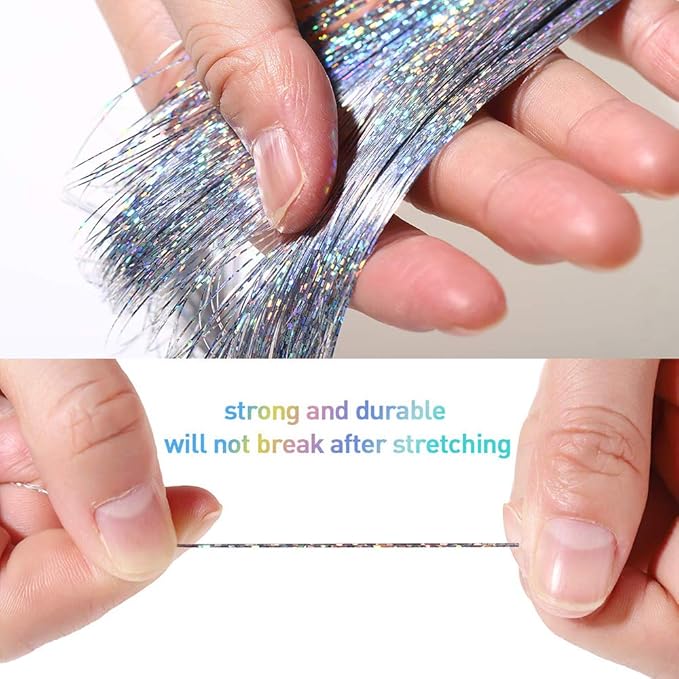 47" Holographic Hair Tinsel Kit Shining Silver Professional Sparkle Heat-Resistant Silk Hairpieces, Hair Accessories for Girls, Party Hair, Gifts for Girls (1000 Strands, Shining Silver)