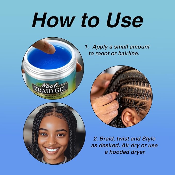 BELLATIQUE KOOL Braiding Gel Maximum Hold for LOC & Twist - No Flaking, No Whitening, Fast Drying, High Shine, Cool & Refreshing, Long Lasting Hold (15 oz)
