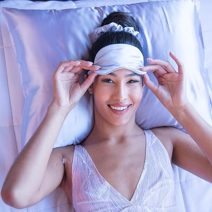 KISMETICS - Vegan Silk Sleep Set, Vegan Silk Pillowcase with Large Scrunchie and Eye Mask for Hair and Skin, Self Care Essential Satin Night Routine Kit (Purple Color)