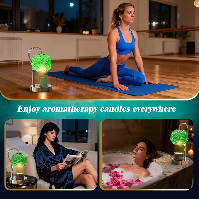Luxury Candle Warmer Lamp with Crystal Gemstone Shade & Color-Changing Premium Base - Adjustable LED Wax Melt Warmer for Home Decor (Green)