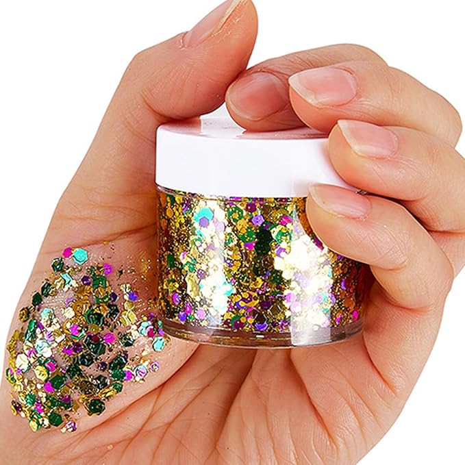 Mardi Gras Gold Hair Face Glitter,Mardi Gras Outfit for Women,Green Purple Gold Mixed Holographic Self-Adhesive Body Glitter,Festival Chunky Sequins Carnival Costume New Orleans Decorations