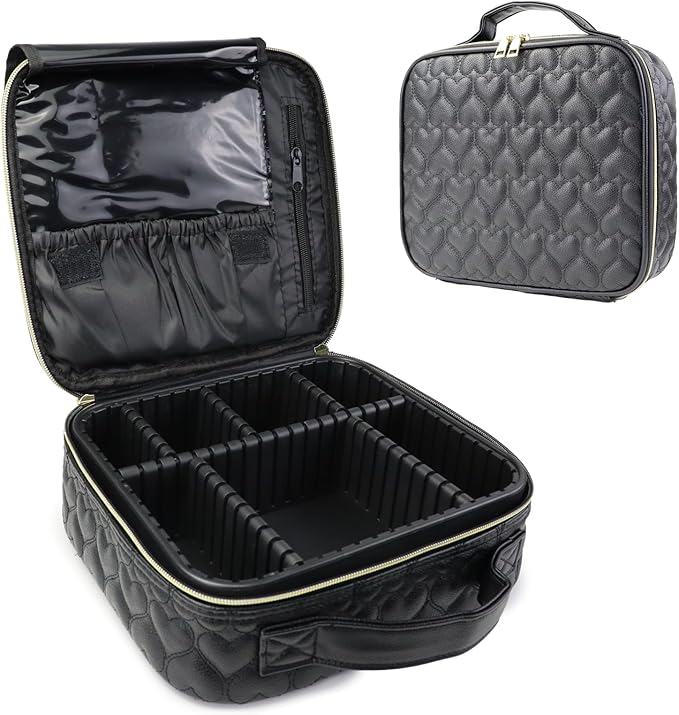 SLUMAZI Travel Makeup Bag Makeup Cosmetic Train Case Organizer Portable Storage Bag with Adjustable Dividers for Cosmetics Makeup Brushes Toiletry Jewelry Heart Pattern