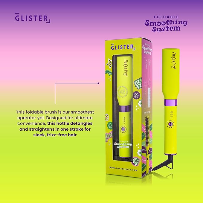 Glister Folding Hair Straightener Brush, Hair Brush for Hair Straightening, Volumizer, Fringe Curler, Hair Styling Comb with Adjustable Temperature - Lime Burst (Yellow)