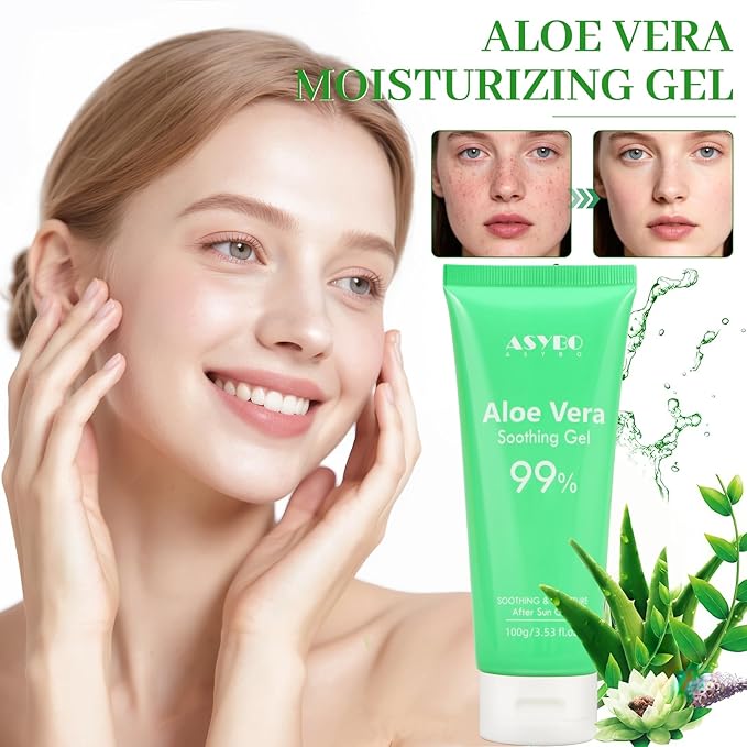 ASYBO 100x2 ML Aloe Vera Gel – 99% Organic Pure Aloe Vera Hydrating Face & Body Moisturizer, Natural Aloe Cream for Dry Skin, Sunburn, Acne, Soothing & Moisturizing for Face Body Hair