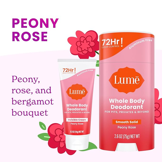 Lume Whole Body Deodorant - Invisible Cream Tube Mini + Solid Stick Bundle - 72 Hour Odor Control - Aluminum & Baking Soda Free, Skin Loving (Peony Rose)