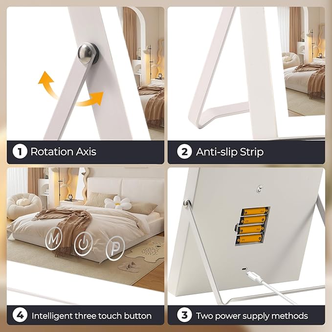 Vanity Mirror with Lights,10"x12" Lighted Makeup Mirror with 3 Color Modes, 360° Rotation Makeup Mirror with Lights, Dual Power Supply, Portable Desk Mirror, Smart Touch Control (White)