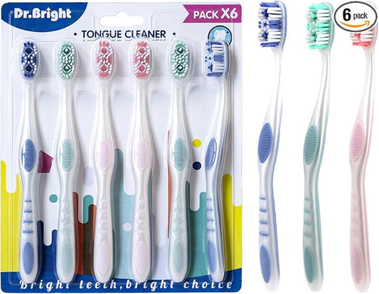 Medium Toothbrushes for Adults | Medium Bristles Toothbrush with Tongue Scraper & Ergonomic Handle, Travel Toothbrushes BPA-Free, Adult Toothbrush Pack, Assorted Colors, Pack of 6