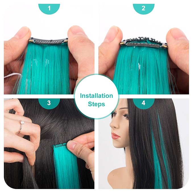 Colored Hair Extensions 10 PCS, Teal and Blue Clip in Hair Extensions Party Highlights, Colorful Synthetic Hairpieces for Girls Women Kids Gifts Blue Teal Hair Accessories(22 In)