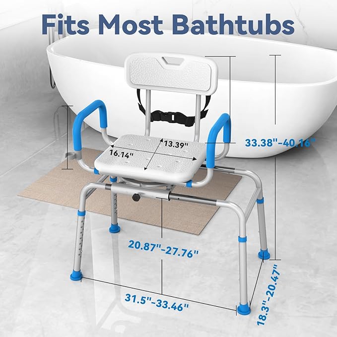 Loyoda FSA/HSA Eligible Sliding Shower Chair Tub Transfer Bench for Bathtub with Swivel Seat, Shower Bench with Pivoting Arms, Height Adjustable Shower Seat, 350 lbs,White&Blue,Standard