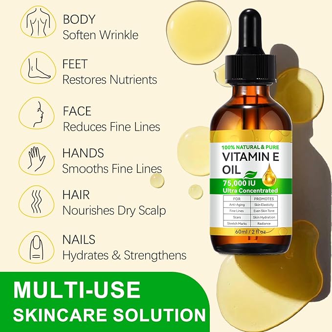 Vitamin E Oil for Skin,75,000IU New Ultra Pure Vitamin E Oil,100% Pure & Natural,Premium Grade,Cold-Pressed,for Scars Hair,Face,Nail,Scalp Perfect Bath and Body Oil