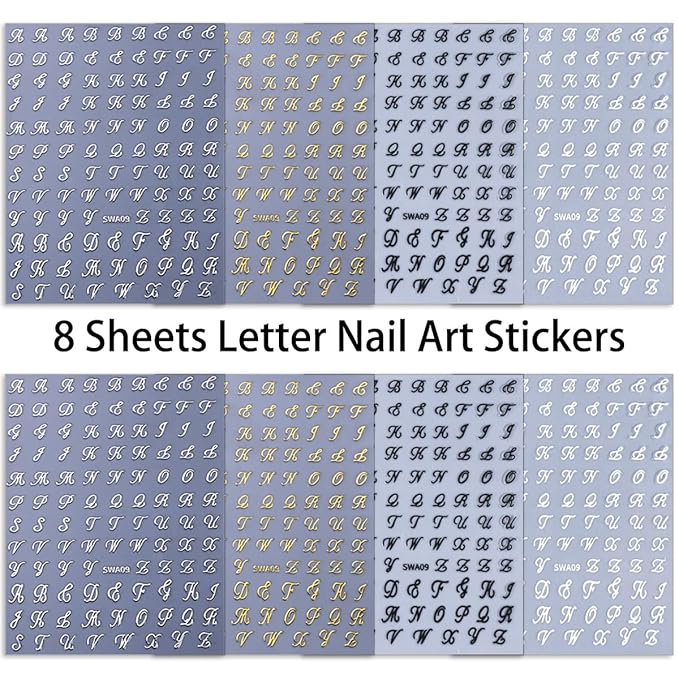 8 Sheets Retro English Nail Stickers Supply 3D Self Adhesive Letters Nail Decals Design White Black Gold Silver Personalized Alphabet Nail Art Stickers for Women DIY Nail Art Manicure Decoration