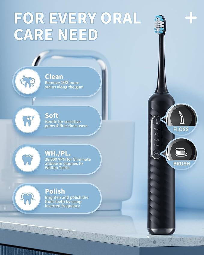 Electric Toothbrush with Water Flosser – 2-in-1 Teeth Cleaning Kit, Electric Toothbrush and flosser Combo,Toothbrush with 3 Cleaning Modes, Portable Water flosser Design for Home & Travel (Black)