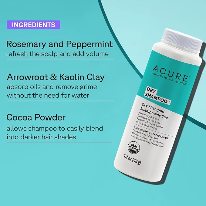 Acure Dry Shampoo - Brunette to Dark Hair, Powder Care to Refresh Treated Color Tinted Hair & Extend Cleansing with Cocoa & Rosemary Formula - 100% Vegan - 1.7 Oz Travel Pack Size