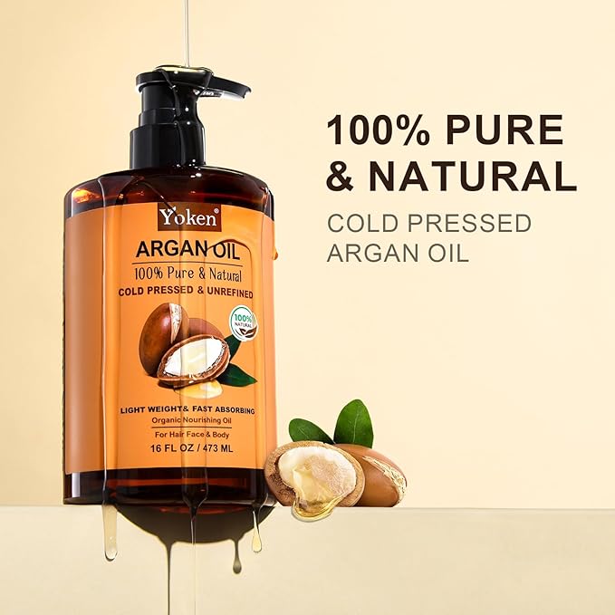 Pure Argan Oil 16 fl oz 100% Natural Cold Pressed Argan Oil for Hair Face Skin Scalp Body Care, Origin from Morocco, Unrefined Fast Nourishing Hair Oil Skin Moisturizer Carrier Oil