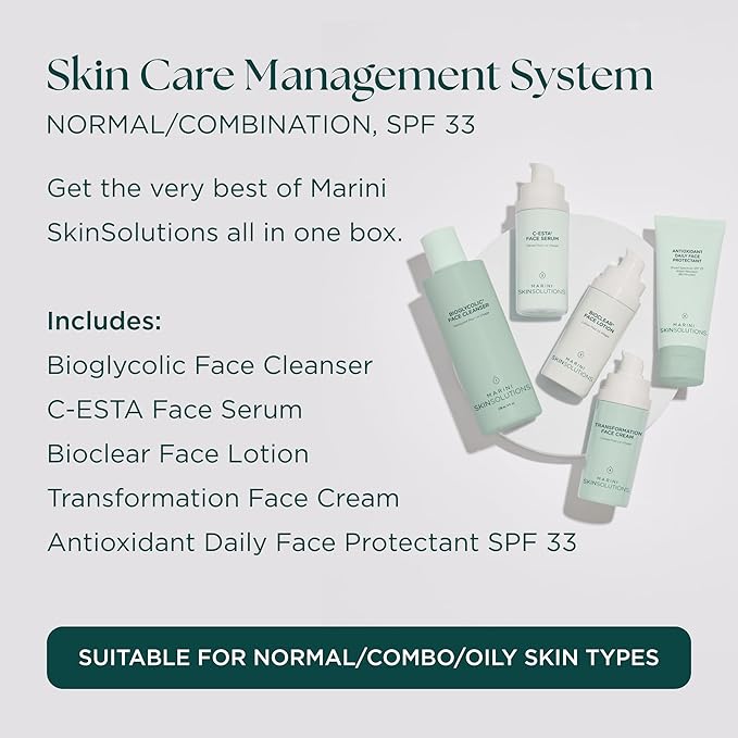 Marini SkinSolutions Skin Care Management System, Normal to Combination Skin with Antioxidant Daily Face Protectant SPF 33 - Cruelty Free - Made in the USA