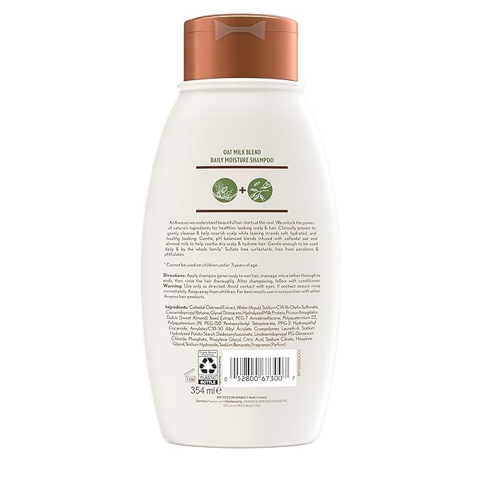 Aveeno Farm-Fresh Oat Milk Sulfate-Free Shampoo with Colloidal Oatmeal & Almond Milk, Moisturizing Shampoo for All Hair Types, Safe for Color-Treated Hair, Paraben & Dye-Free, 12 Fl Oz
