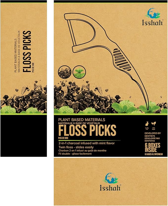 Natural Dental Floss Picks (300 Count) - Kraft Paper Box Packaging, Plant Based, PETA Approved Vegan, Eco Friendly, Sustainable Dental Flossers - Twin Floss (Charcoal)