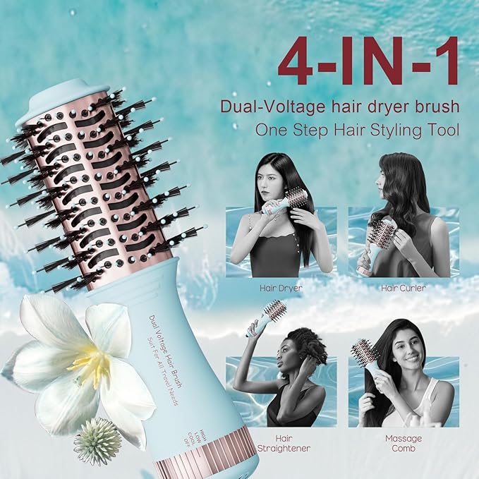 Travel Dual Voltage Hair Dryer Brush 4-in-1 Portable Mini Hot Air Blow Dryer Straightener & Curler Brush, Titanium Round Blowout Styler Volumizer Tools, 110/240V US/EU/UK -Baby Blue & Rose Gold