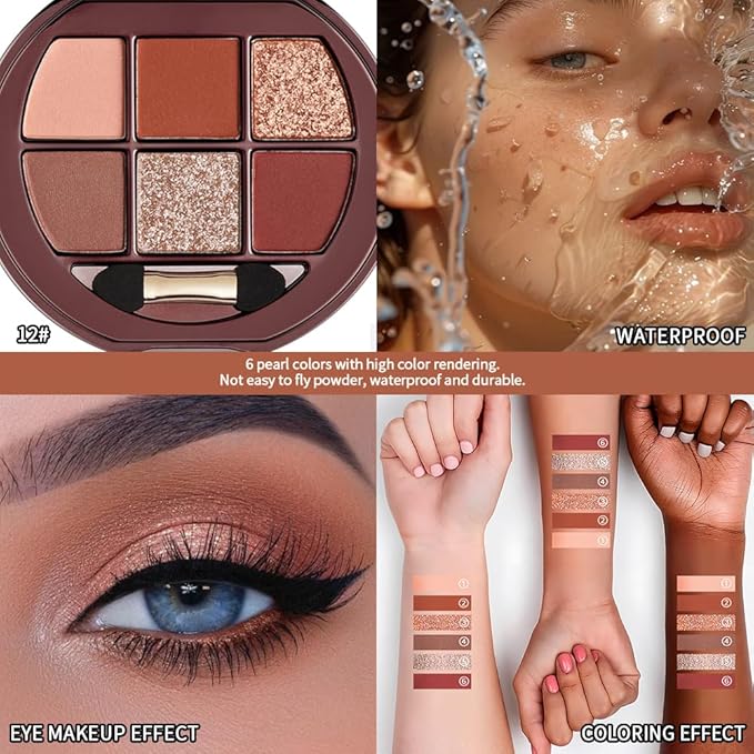 Matte Shimmer Glitter Mini Eyeshadow Palette – 6-Color Warm Caramel Rust Eye Shadow Kit, High Pigment Long-Lasting Waterproof Nude Brown Smokey Eyes Makeup Palette for Daily Wear & Soft Glam Looks
