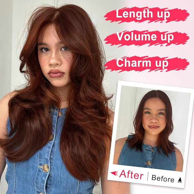 ALXNAN Long Wavy Layered Hair Extensions for Women, Clip in Hair Extensions Clip Ins Soft Full Head Synthetic Hairpieces 20 Inch Chestnut Auburn