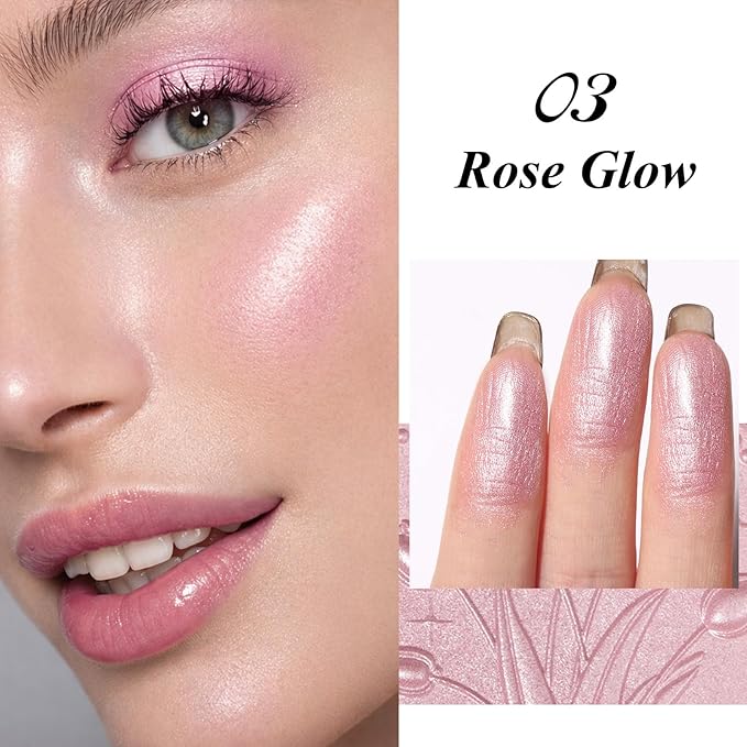 UCANBE Sparkle Bomb Baked Highlighter, Powder Highlighter Makeup, High Glossy Illuminator Palette for Face & Body, Weightless and Buildable (03 Rose Glow)
