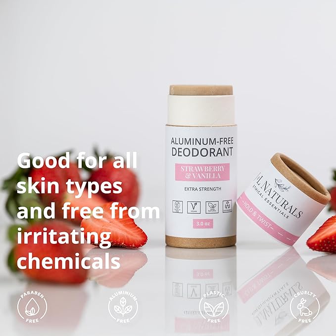 J&L Naturals Aluminum Free Deodorant for Men & Women | 100% Natural Ingredients With Coconut Oil, Shea Butter, & Essential Oils | Sustainable, Eco-Friendly (Strawberry & Vanilla, 3.0 Oz (Single))