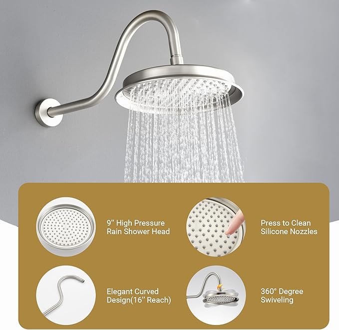 DASAN Brushed Nickel Rain Shower System Complete Antique Shower Faucet Sets, Shower Fixtures Combo Set with Pressure Balance Valve, Trim Kit, 9’’ Rainfall Overhead Shower & Handheld, AT209W-BN