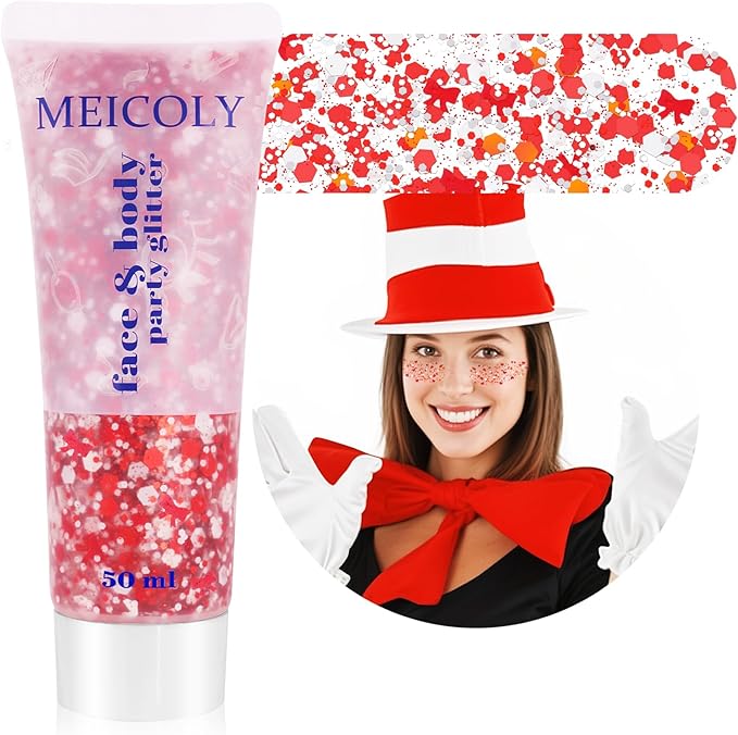 MEICOLY Red and White Face Body Glitter for Reading Week World Book Day,Holographic Self-Adhesive Glitter for Kids Girls Adults,Book Character Costumes Cosplay Accessories for Halloween Festival