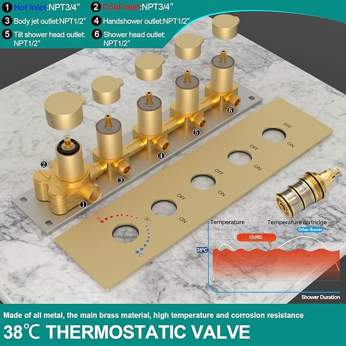 HOMEDEC 15.7x31.5" Rainfall and 6" Dual Shower Heads with Handheld Spray Combo, Full Body Shower System with 6pcs Body Jets, Brushed Gold
